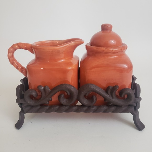 Artimino Tuscan Countryside Terracotta Creamer & Sugar Set w/Cast Iron Caddy - Picture 1 of 11